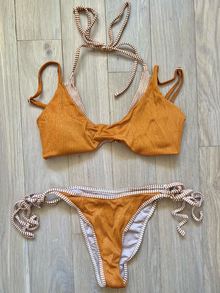 Oneone Swimwear Burnt Orange Metallic Shine Ribbed Layered Tie-Side Bikini Set